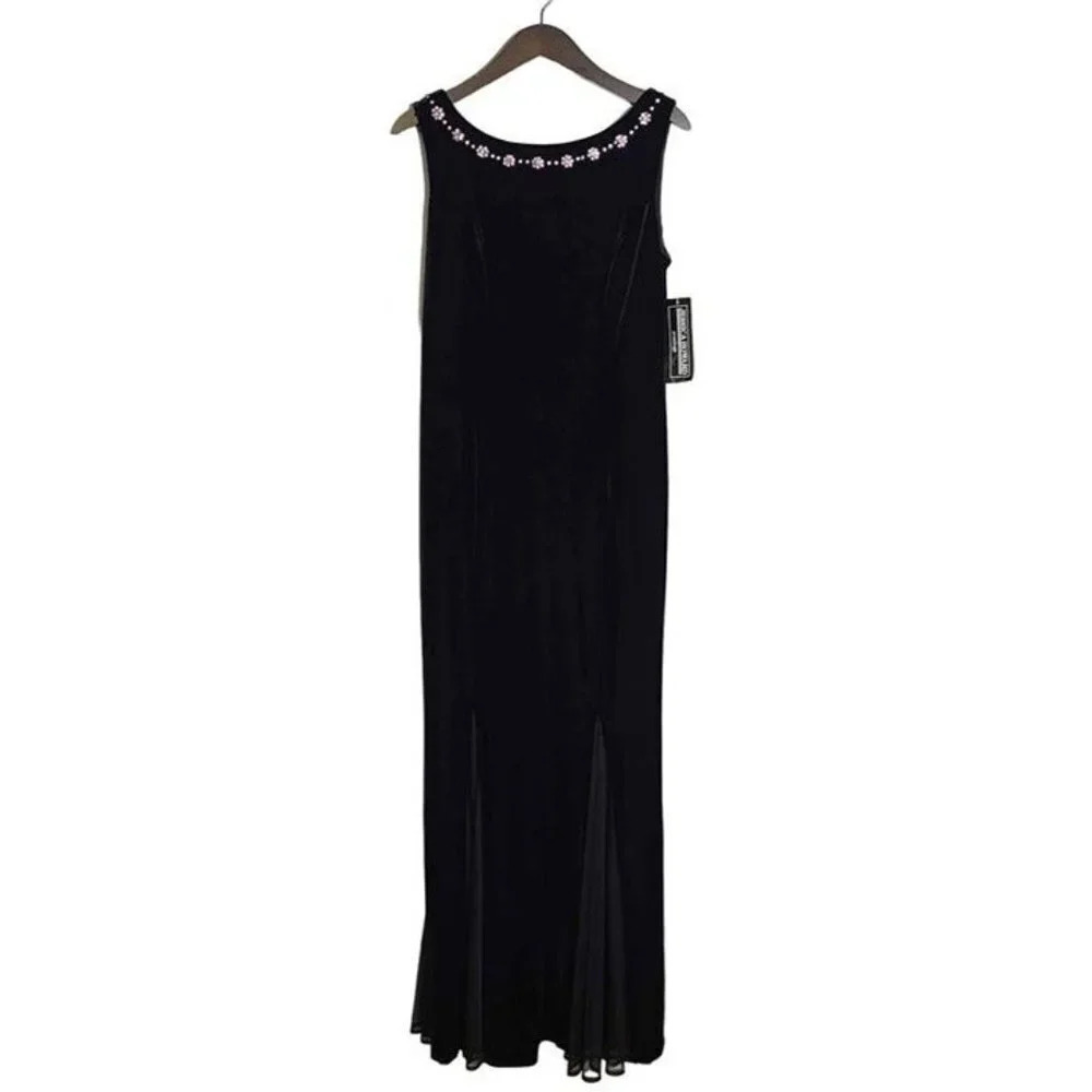 New Jessica Howard Evening Sequin Neckline Stretch Dress Black Velvet Feel 12 - Picture 2 of 8